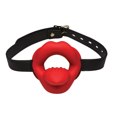 Red lips-shaped vibrating mouth gag with adjustable black strap and textured silicone insert.