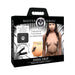 Packaging of Master Series Dark Grip vibrating nipple clamps featuring a topless model and product details on a black and silver box.