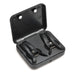 Black vibrating nipple clamps with grippy nubs stored inside a compact rechargeable travel case.