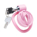Pink vulva-shaped locking chastity cage with two keys on a white background.