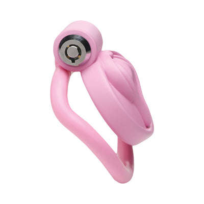 Pink Master Series Vulva Locking Chastity Cage with a vulva design and metal locking mechanism.