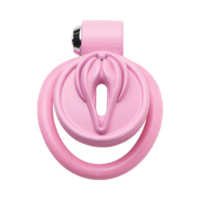 Pink vulva-shaped locking chastity cage with circular ring and metal lock mechanism.