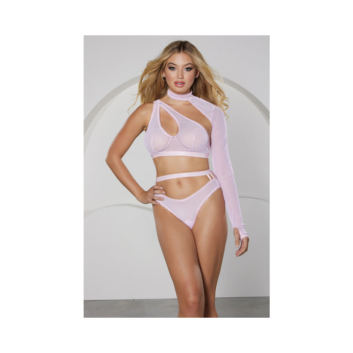 Model wearing Allure Modern Muse pink sheer mesh halter and panty set with asymmetrical collar sleeve and strappy waist detail.