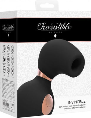 Packaging of Shots Irresistible Invincible clitoral vibrator in black with rose gold accents, featuring touchless air wave stimulation.