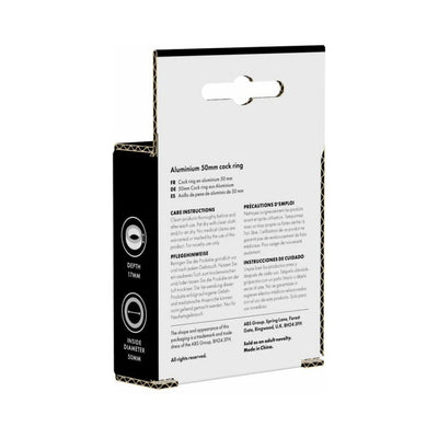 Packaging box of Prowler Red 50mm silver aluminum cock ring showing care instructions and product details.