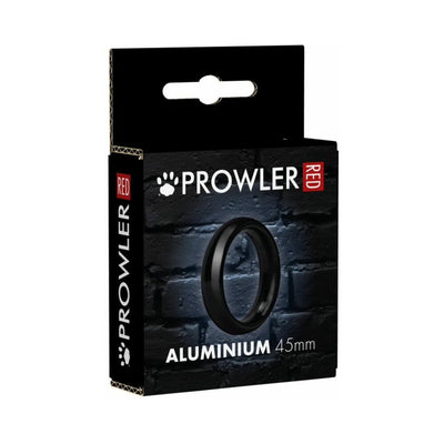 Black aluminum 45mm cock ring in Prowler Red branded packaging with textured dark background.