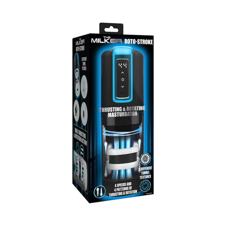 Packaging of The Milker Thrusting & Rotating Masturbator with digital controls and product features highlighted.