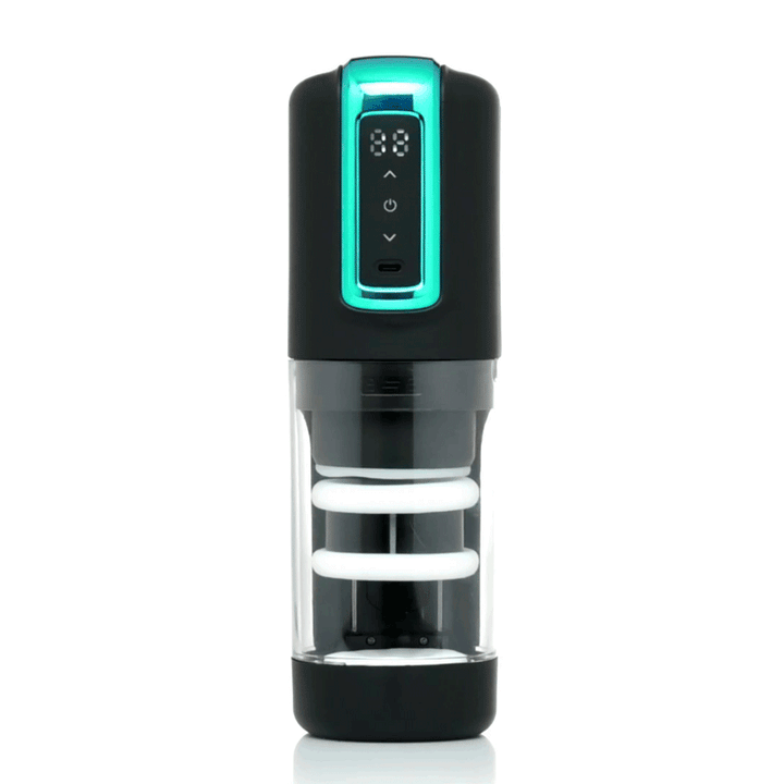 The Milker Thrusting & Rotating Masturbator with digital control panel and transparent chamber design.
