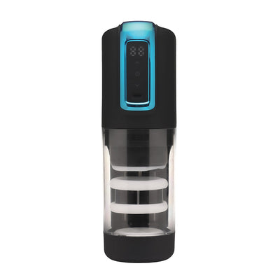 The Milker Thrusting & Rotating Masturbator with digital control panel and transparent chamber showing internal mechanism.