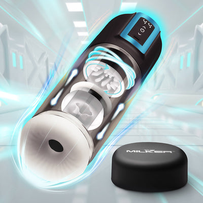 The Milker thrusting and rotating male masturbator with black and blue design and removable cap.