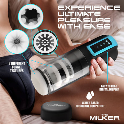 Hand holding The Milker Thrusting & Rotating Masturbator with digital display and three interchangeable tunnel textures shown.