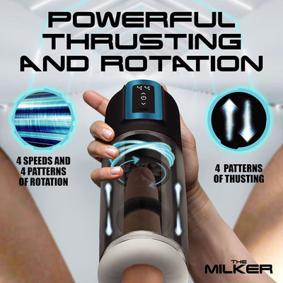 Hand holding The Milker device with digital controls, highlighting thrusting and rotating functions with speed and pattern options.