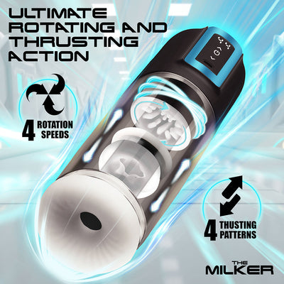 The Milker Thrusting & Rotating Masturbator with 4 rotation speeds and 4 thrusting patterns shown in a sleek black and blue design.