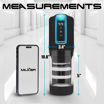 The Milker Thrusting & Rotating Masturbator with digital controls and size measurements next to a smartphone.
