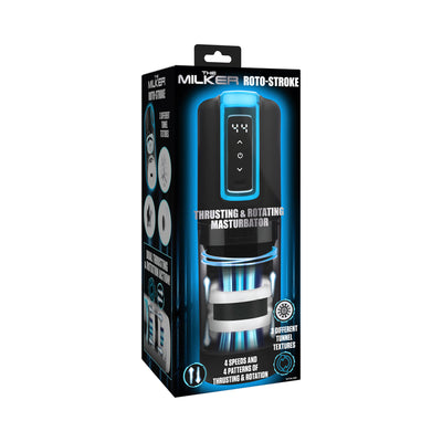 Packaging of The Milker Thrusting & Rotating Masturbator with digital controls and product features highlighted.