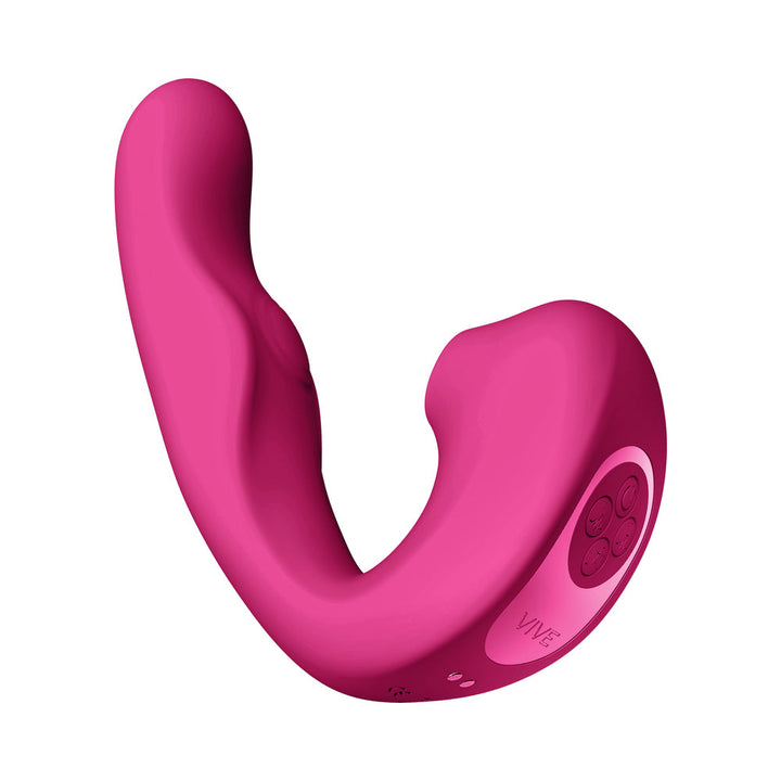 Pink curved Vive Zaki Air Wave Pulse Wave & G-Spot vibrator with control buttons on the base.