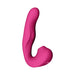 Pink curved vibrator with ergonomic design and smooth silicone finish, featuring multiple control buttons.
