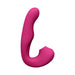 Pink curved silicone vibrator with dual stimulation design and smooth finish against white background