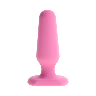 Small pink silicone plug with a tapered tip and flared base for comfortable, safe use.