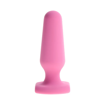 Pink petite silicone plug with flared base, smooth rounded tip, and compact design for comfortable use.