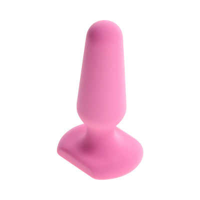 Pink petite silicone plug with rounded tip and flared base, designed for comfortable and safe use.
