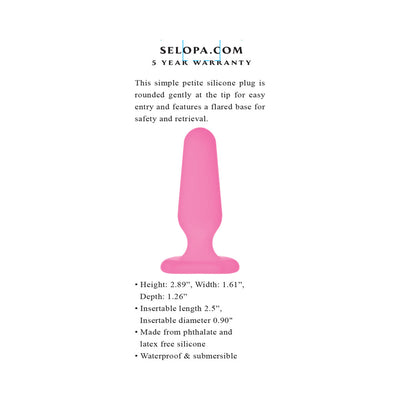 Pink petite silicone plug with gently rounded tip and flared base, waterproof and body-safe design.