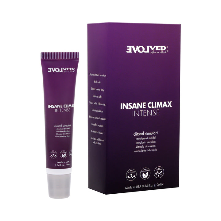Evolved Insane Climax Intense clitoral stimulant tube and matching purple box packaging on white background
