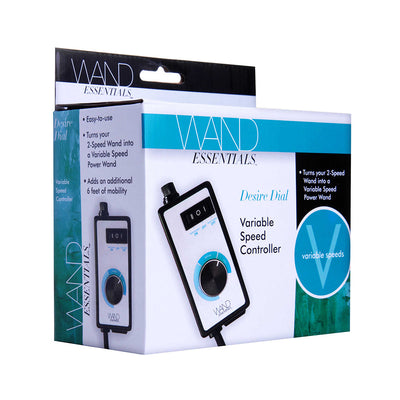 Packaging box of Wand Essentials Desire Dial variable speed controller for 2-speed wand massagers with dial and switch shown.