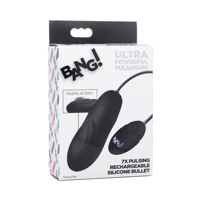 Packaging box of XR Brands BANG! 7X Pulsing Rechargeable Silicone Bullet with product image and branding details.
