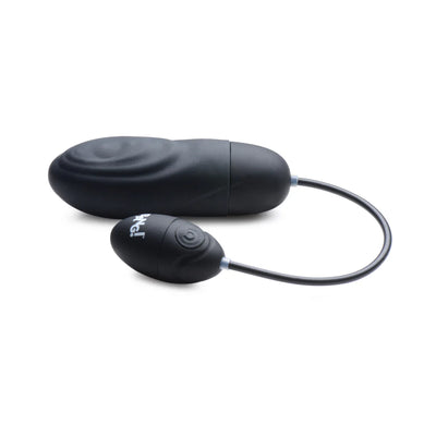 Black silicone pulsing bullet with textured ridges and attached wired control bulb on white background.