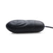 Black silicone textured pulsing bullet with attached control bulb and USB charging cord on white background.