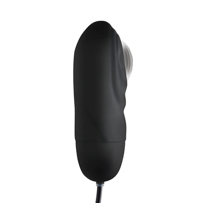 Black rechargeable silicone bullet vibrator with textured ridges and attached control bulb on a cord.