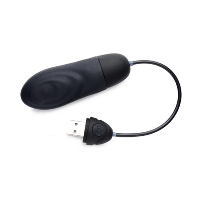 Black silicone pulsing bullet vibrator with textured surface and attached USB rechargeable control cord.