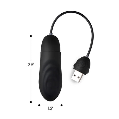 Black silicone pulsing bullet with textured ridges and attached USB rechargeable control cord, shown with size dimensions.