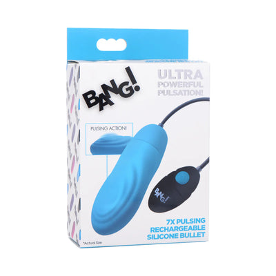 Packaging of XR Brands BANG! 7X Pulsing Rechargeable Silicone Bullet in blue with remote control and product features.