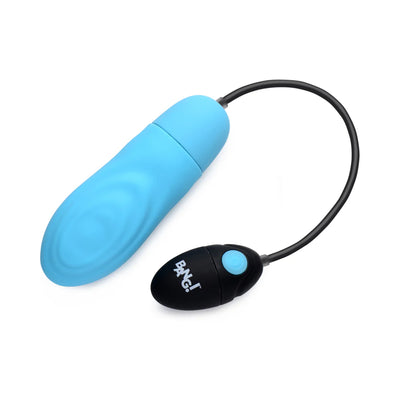 Blue textured silicone bullet with black wired remote control featuring a blue button and BANG! logo on a white background.