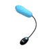 Blue silicone pulsing bullet vibrator with attached black control bulb and button.