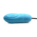 Blue rechargeable silicone bullet vibrator with textured ridges and attached control cord on white background.