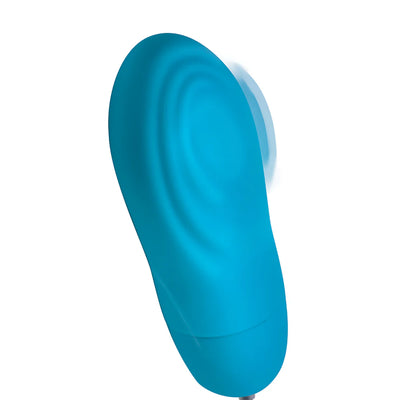 Blue silicone bullet vibrator with textured ridges and pulsing motion effect on a white background.