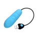 Blue silicone pulsing bullet with textured surface and attached USB rechargeable control cord on white background.