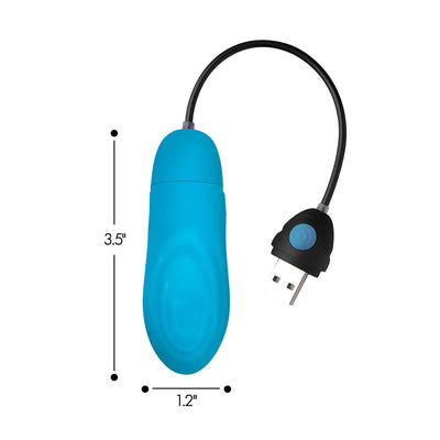 Blue textured silicone bullet vibrator with USB rechargeable control and size measurements shown.
