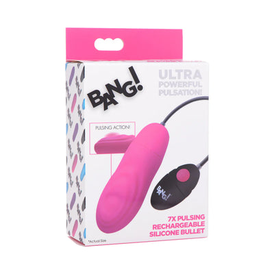 Packaging box of XR Brands BANG! 7X Pulsing Rechargeable Silicone Bullet with image of pink bullet and black control.