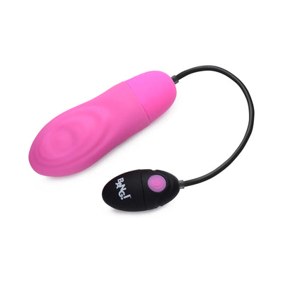 Pink textured silicone bullet with black wired remote control featuring a single button and BANG! logo on white background.