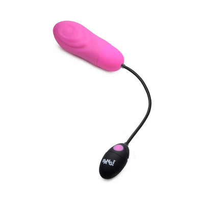 Pink textured silicone bullet with black wired remote control labeled BANG on white background