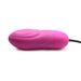 Pink rechargeable silicone bullet vibrator with textured ridges and attached control cord on white background.