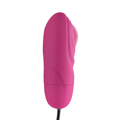 Pink rechargeable silicone bullet vibrator with textured ridges and attached control cord.