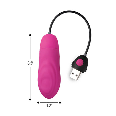 Pink rechargeable silicone bullet with textured surface and USB charging cable on white background with size dimensions.