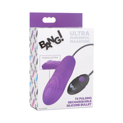 Packaging box of XR Brands BANG! 7X Pulsing Rechargeable Silicone Bullet in purple with remote control shown.
