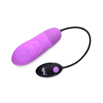 Purple textured silicone bullet with black wired remote control featuring a single button and BANG! logo.