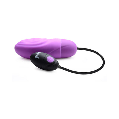 Purple silicone textured bullet with black wired remote control featuring a single button and BANG! logo.